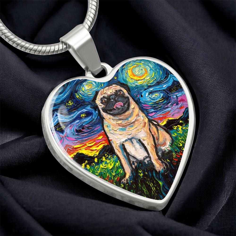 Fawn Pug Starry Night Heart Necklace