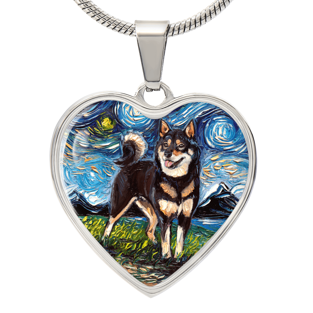 Black and Tan Shiba Inu Starry Night Heart Necklace