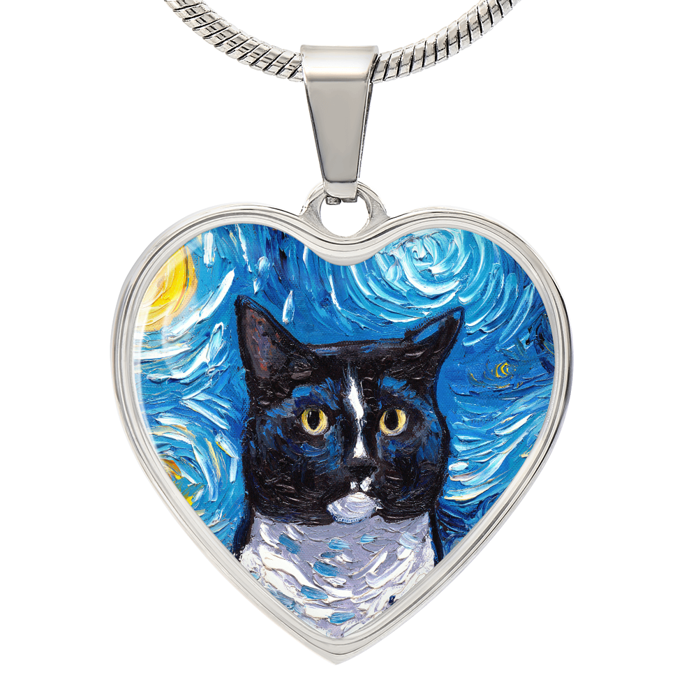 Tuxedo Cat Portrait Starry Night Heart Necklace