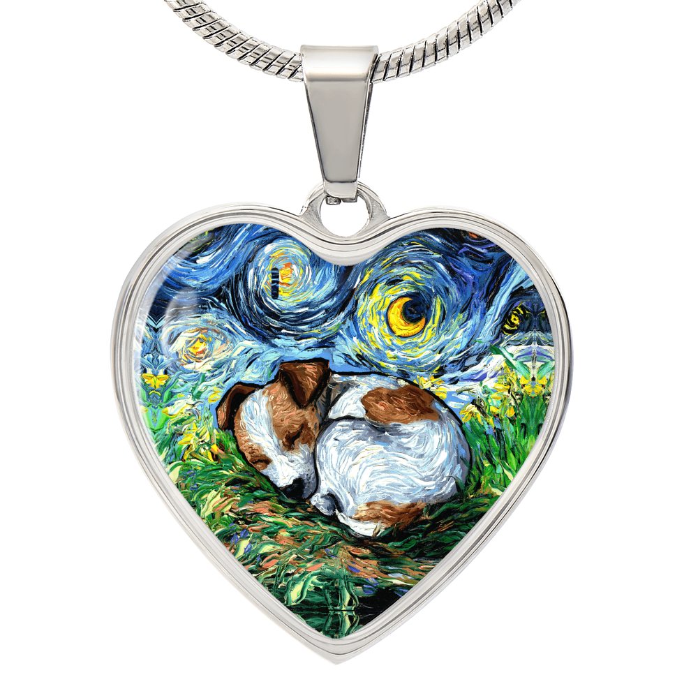 Sleeping Jack Russell Terrier Starry Night Heart Necklace