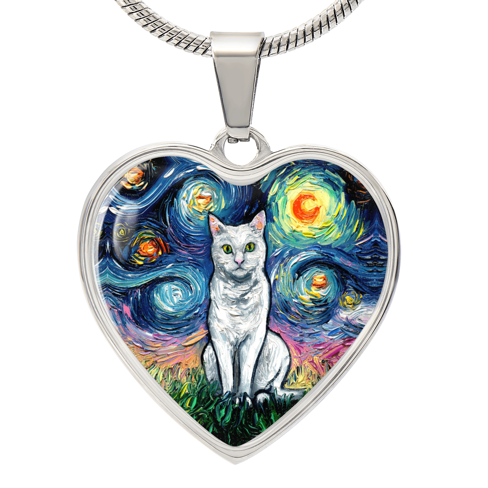 Seated White Cat Starry Night Heart Necklace
