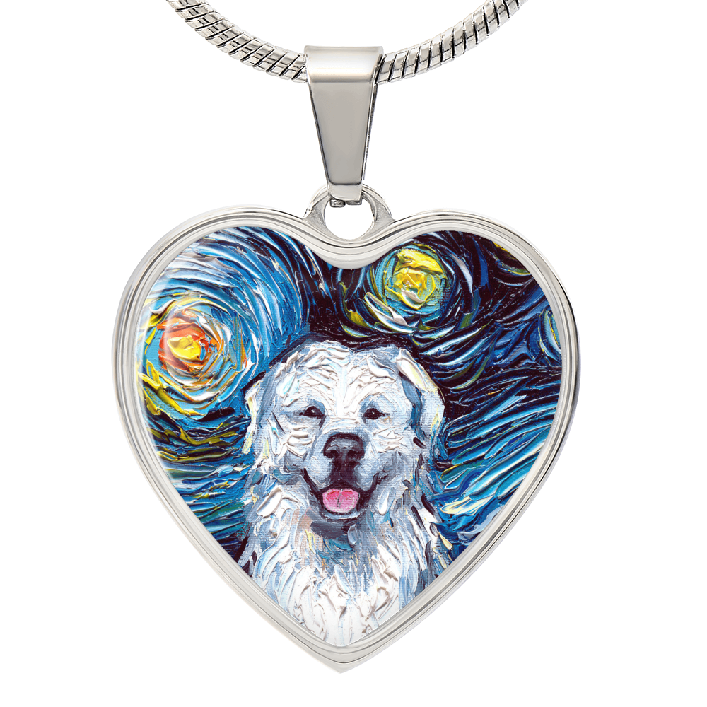 Great Pyrenees Portrait Starry Night Heart Necklace