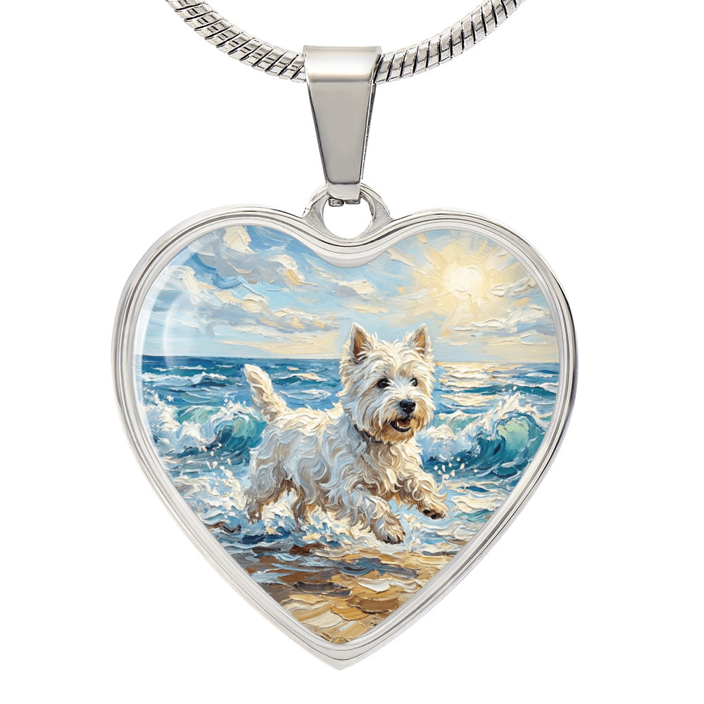 Frolicking Westie at the Beach Heart Necklace