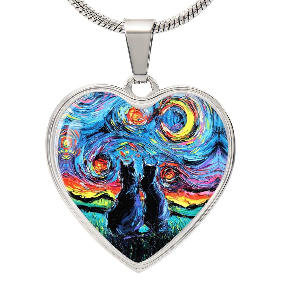 Van Gogh's Cats Starry Night Heart Necklace