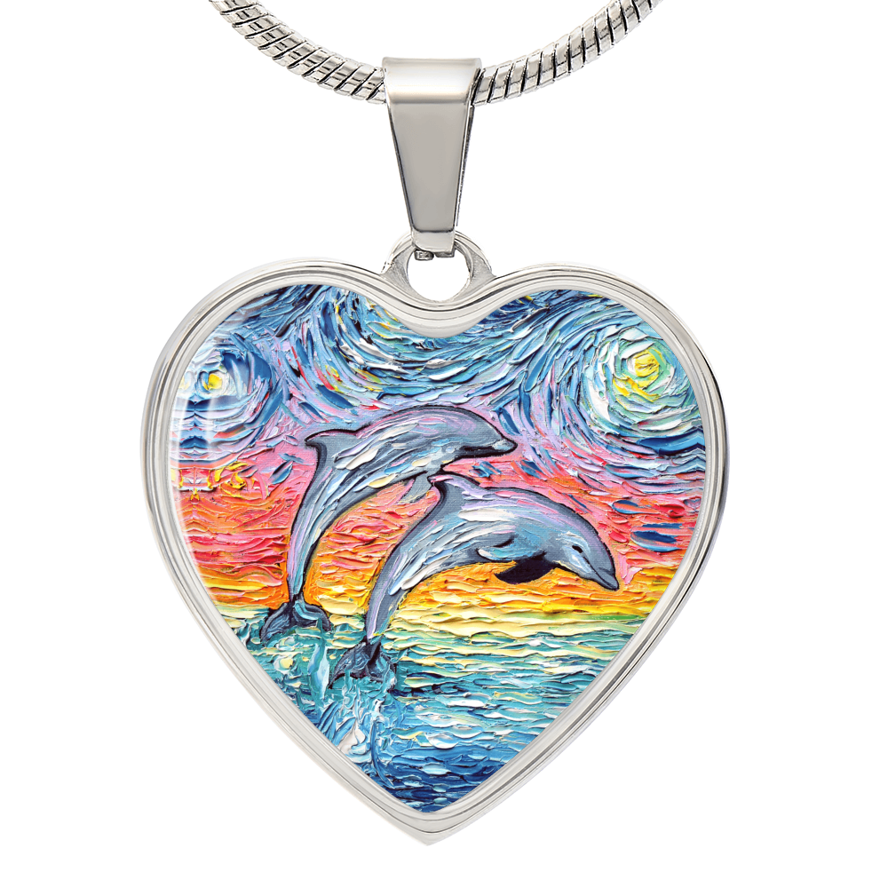 Dolphins Jumping Pastel Starry Night Heart Necklace