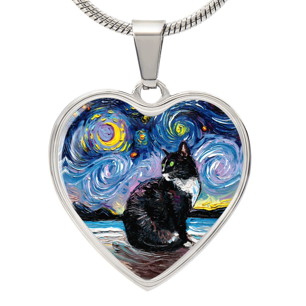 Tuxedo Cat with Green Eyes and White up nose Starry Night Heart Necklace