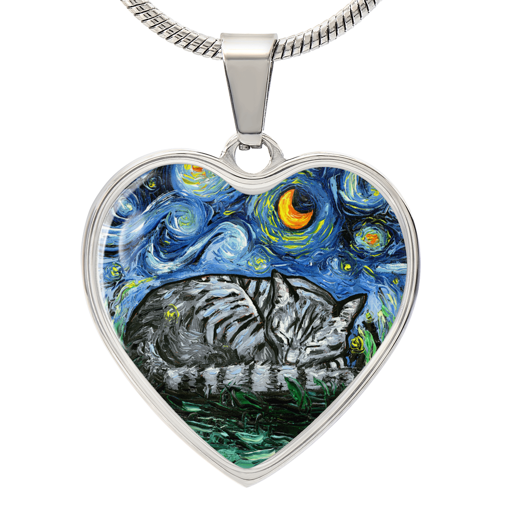 Sleeping Gray Tabby Cat Starry Night Heart Necklace
