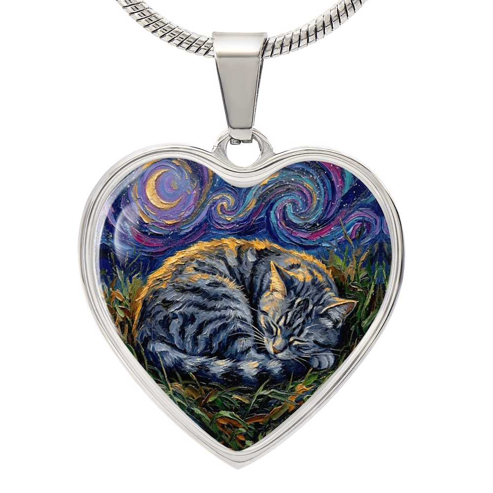 Sleepy American Shorthair Tabby Heart Necklace