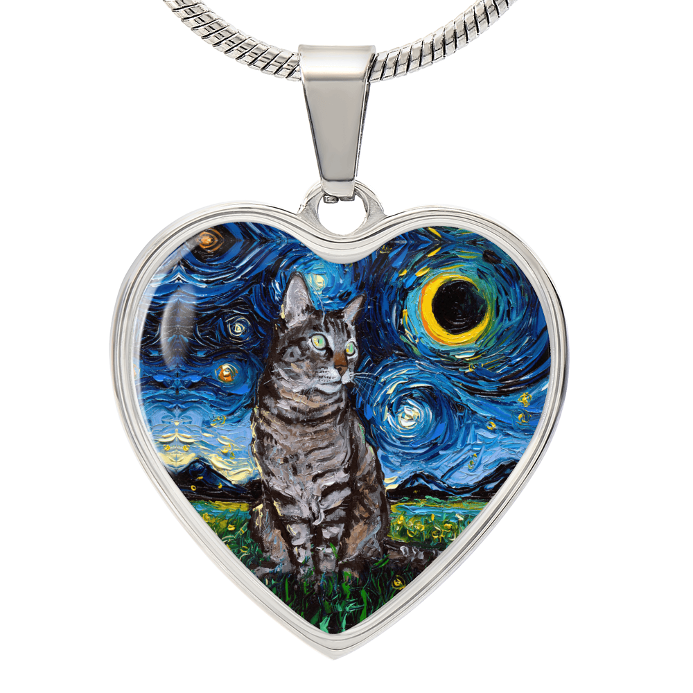 Tabby Cat Starry Night Heart Necklace