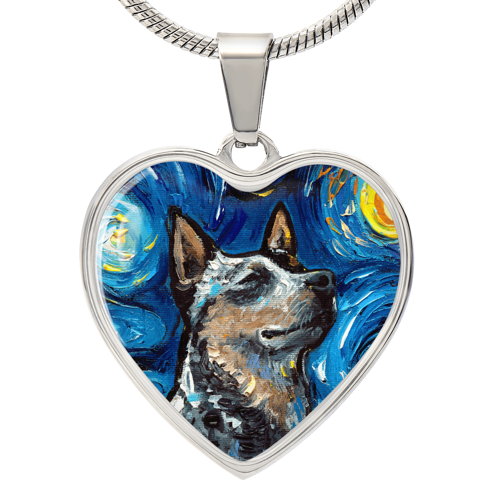 Blue Heeler Portrait Starry Night Heart Necklace