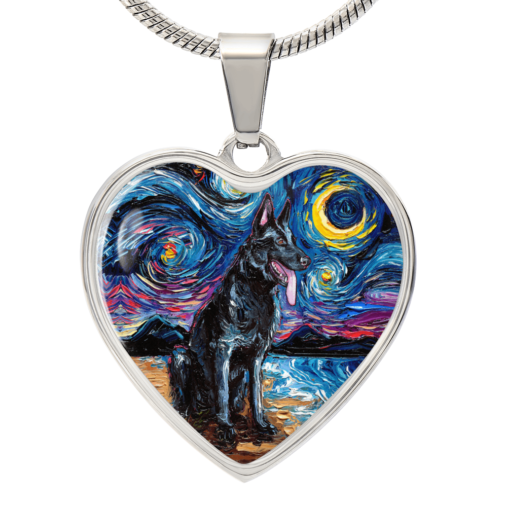 Black German Shepherd Starry Night Heart Necklace