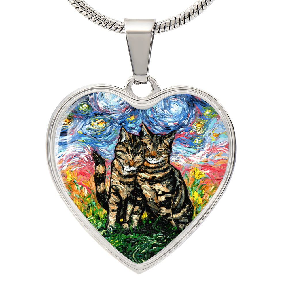 Two Tabby Cats Starry Night Heart Necklace