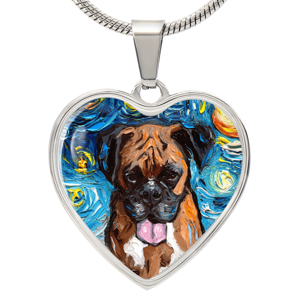 Boxer Portrait Starry Night Heart Necklace