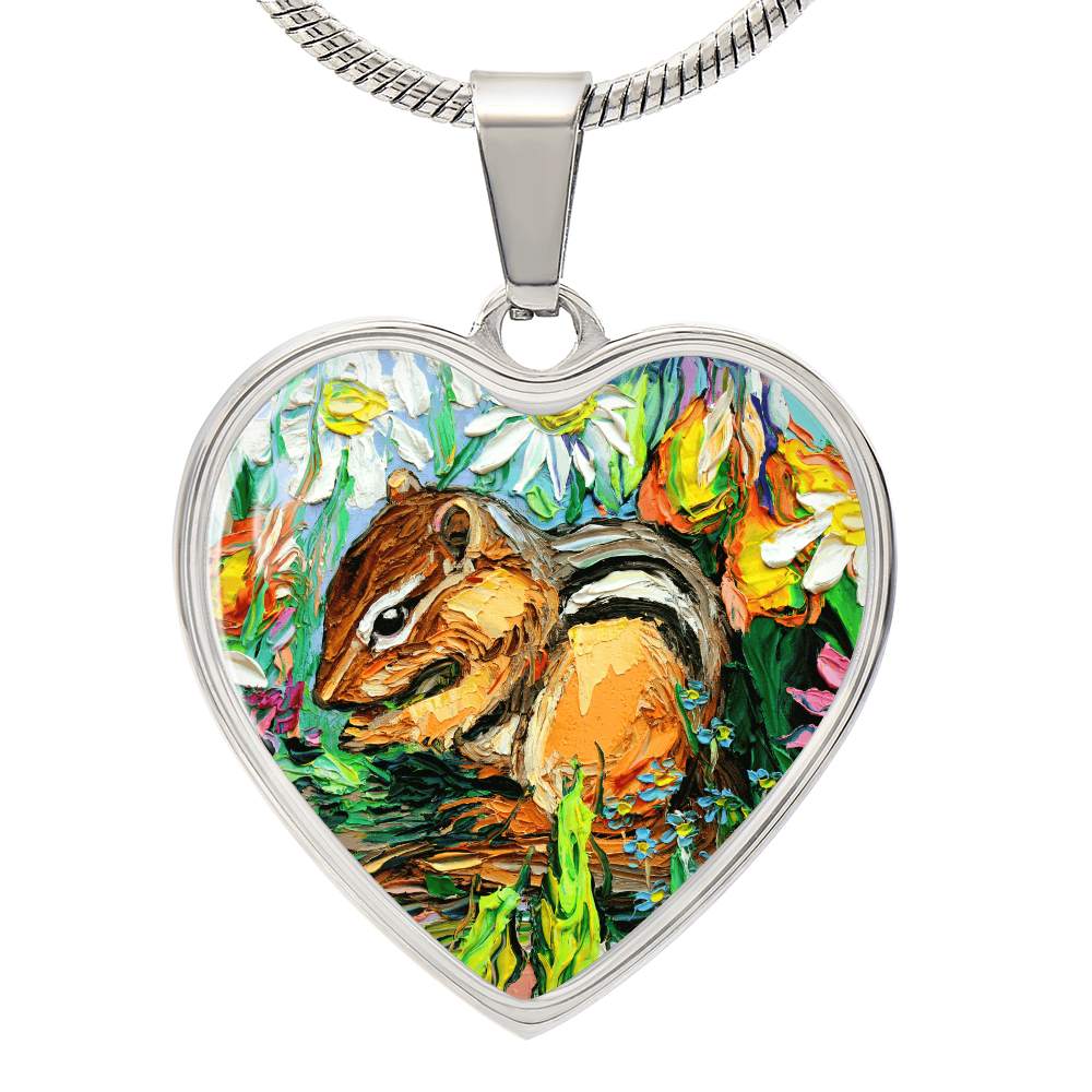 Chipmunk in Spring Garden Heart Necklace