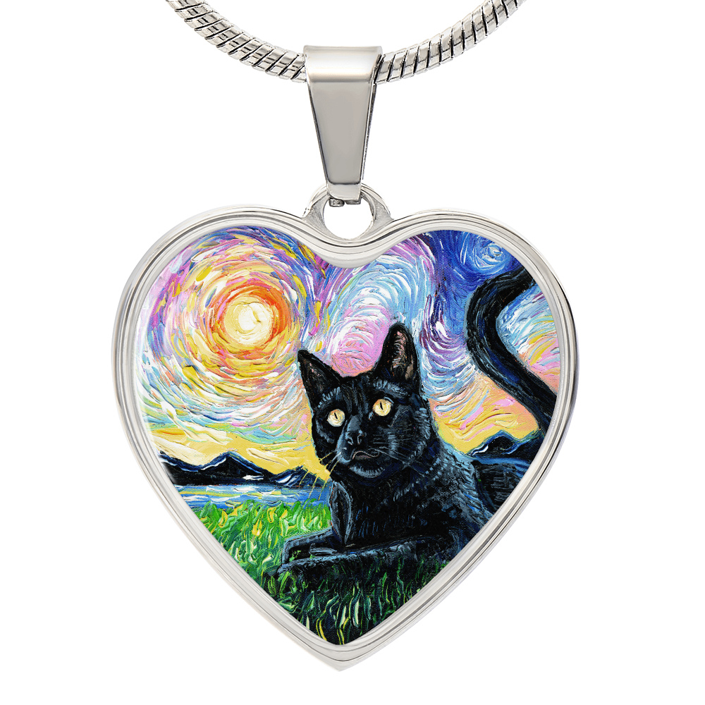 Black Cat and Sunset Starry Night Heart Necklace