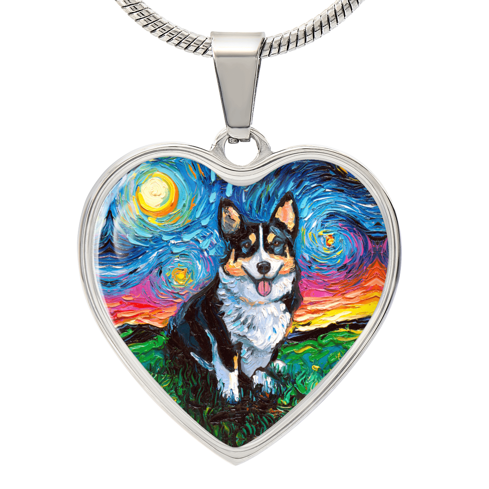 Tri Color Corgi Starry Night Heart Necklace