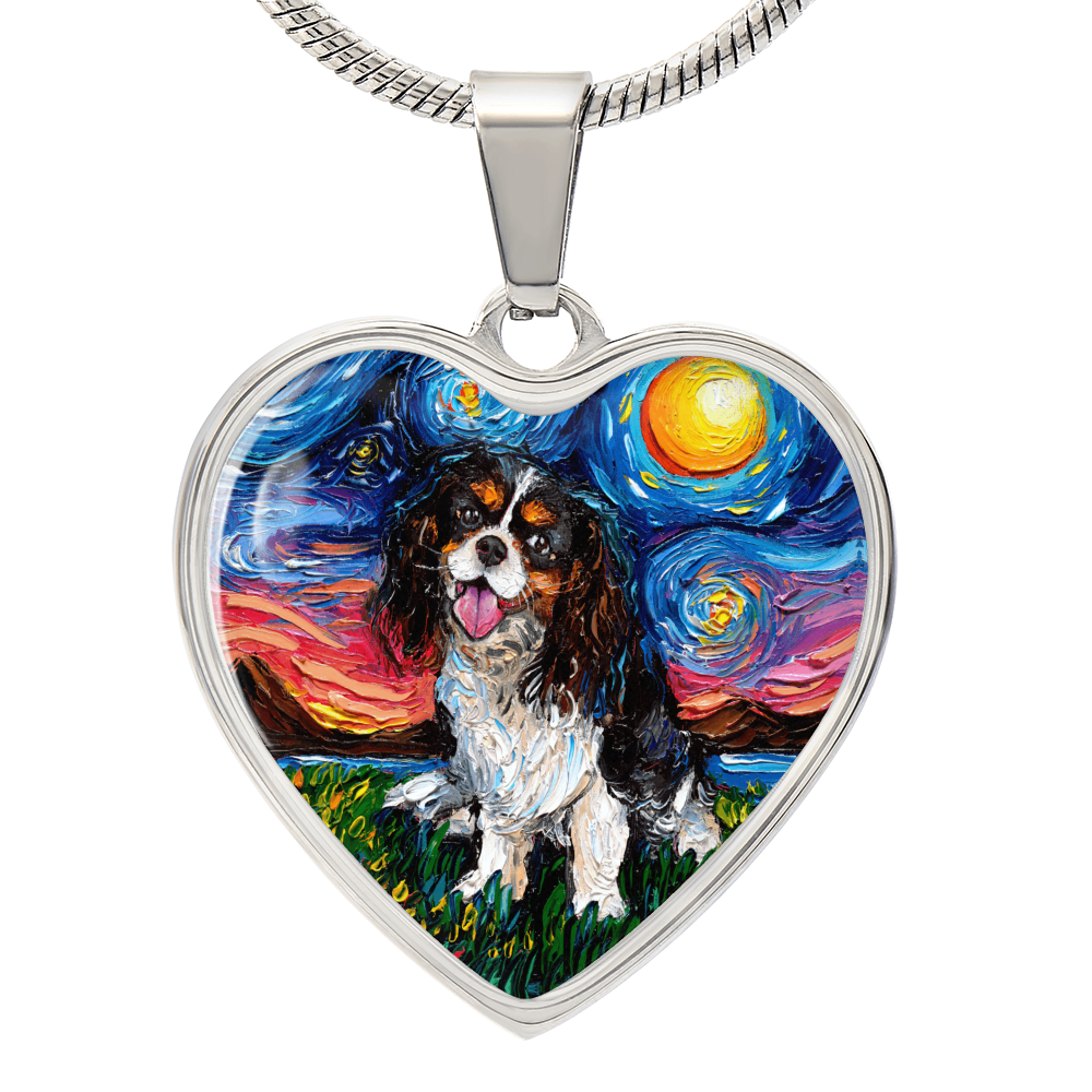 Tri Color Cavalier King Charles Spaniel Starry Night Heart Necklace
