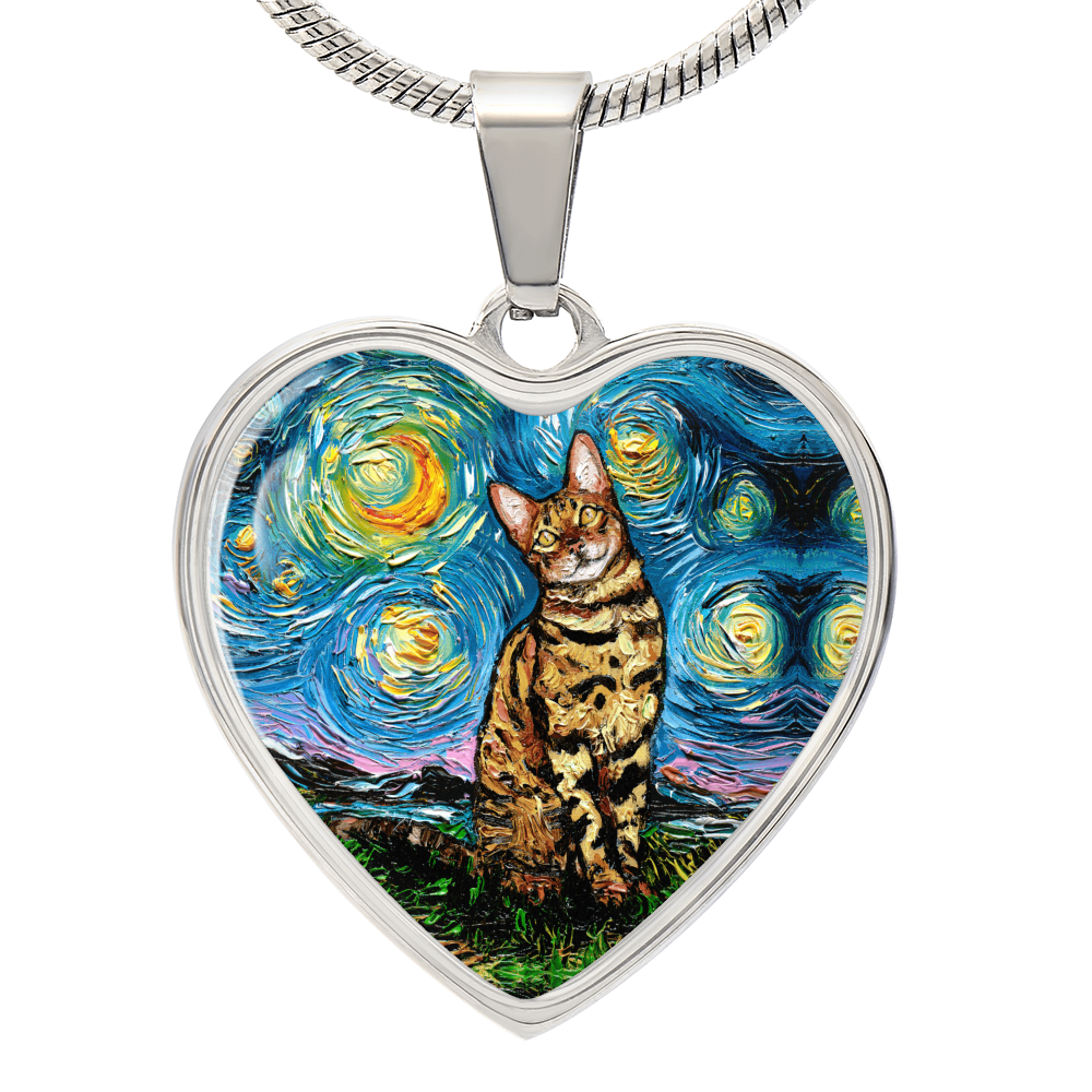 Bengal Cat Starry Night Heart Necklace