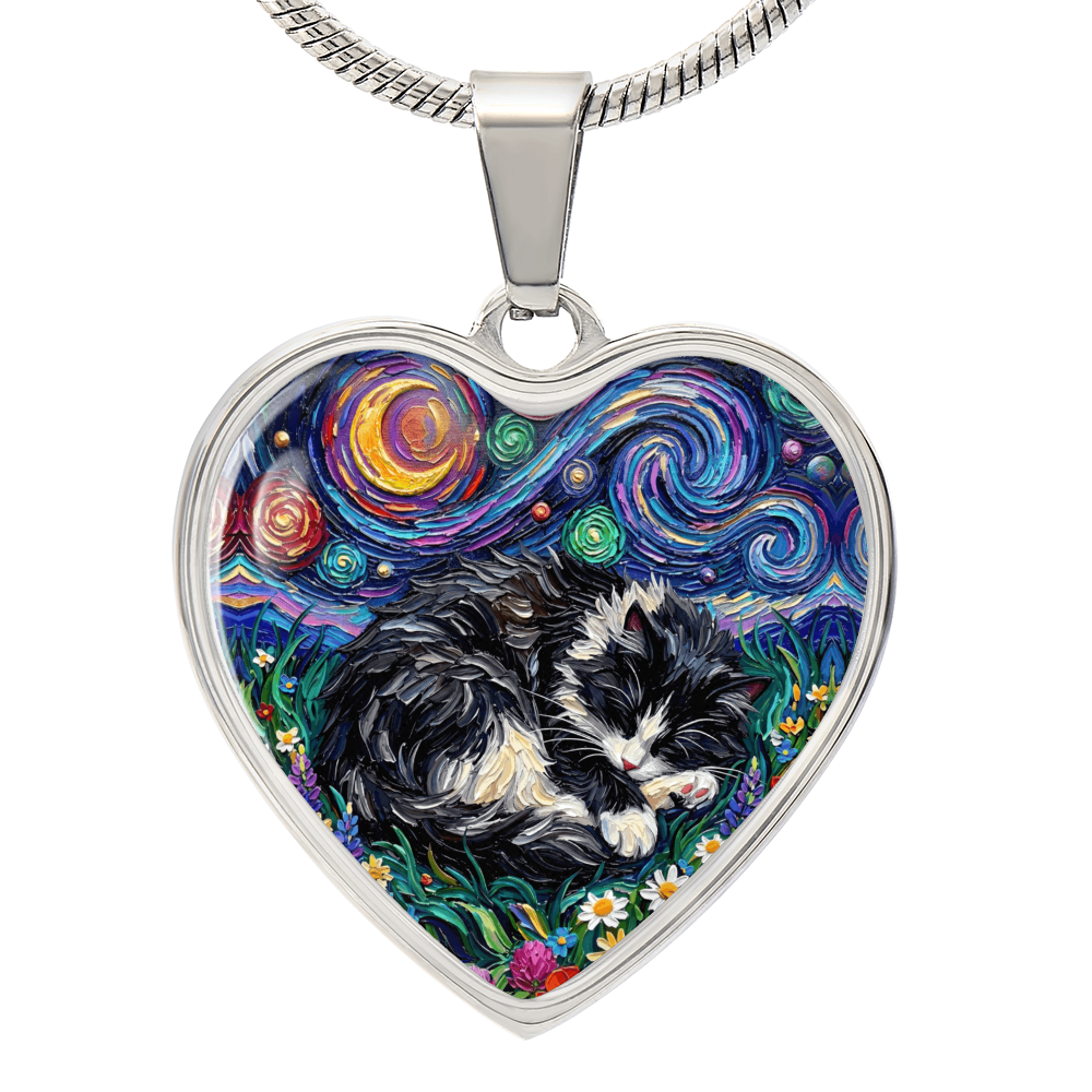 Sleepy Long Hair Tuxedo Heart Necklace