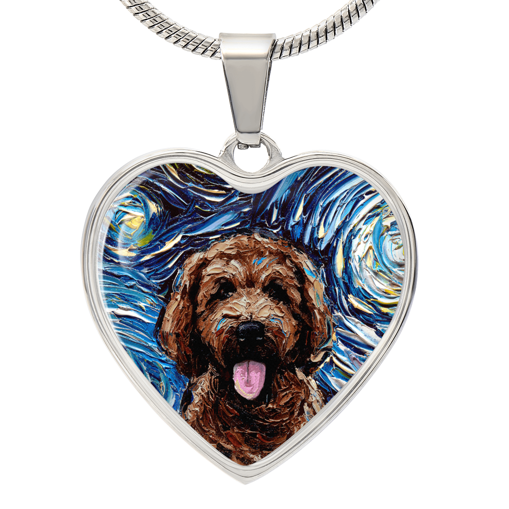 Brown Goldendoodle Portrait Starry Night Heart Necklace