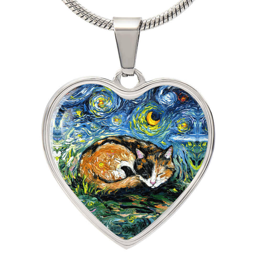 Sleeping Calico Cat Starry Night Heart Necklace