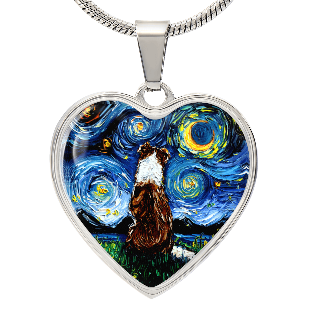 Red Border Collie Starry Night Heart Necklace