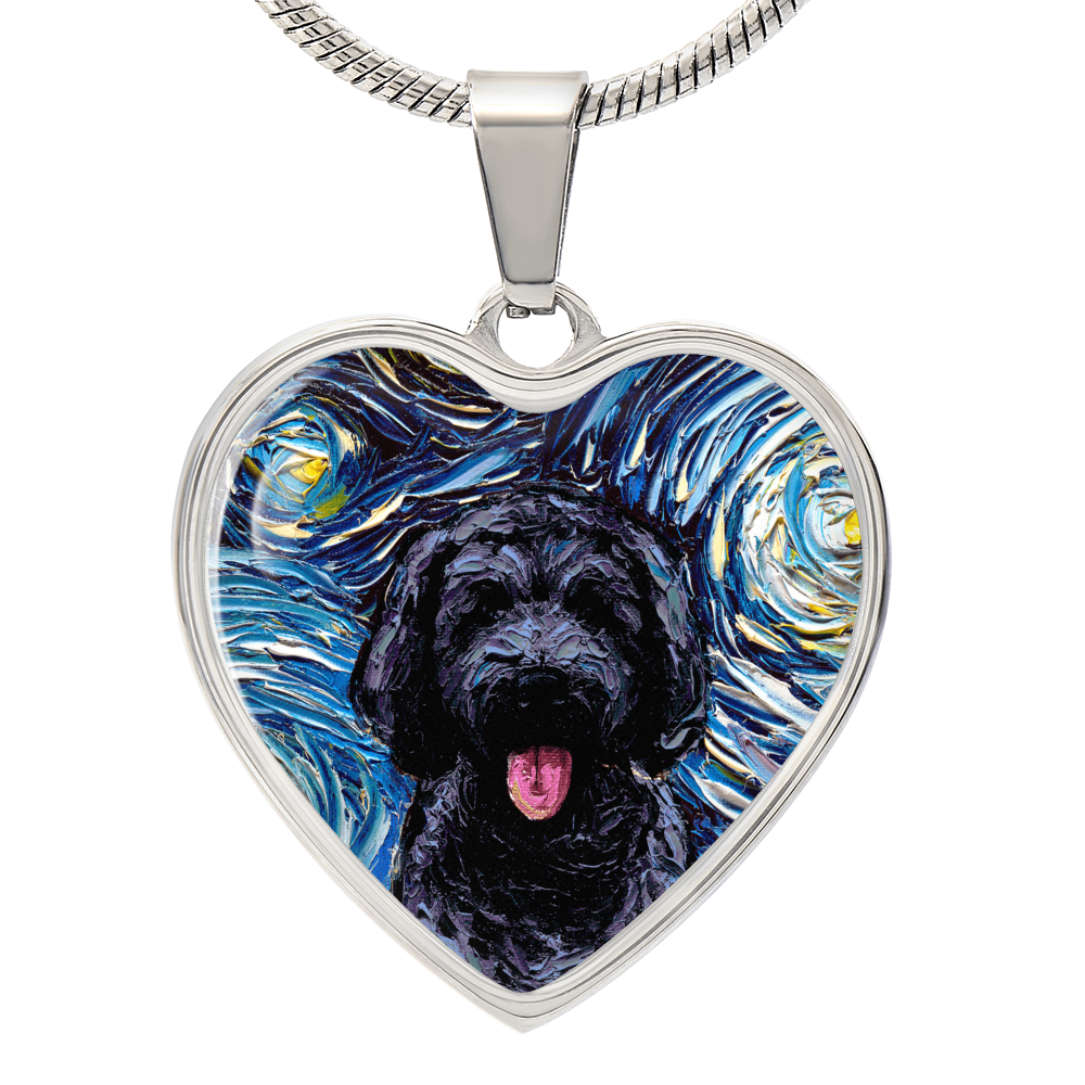 Black Goldendoodle Portrait Starry Night Heart Necklace