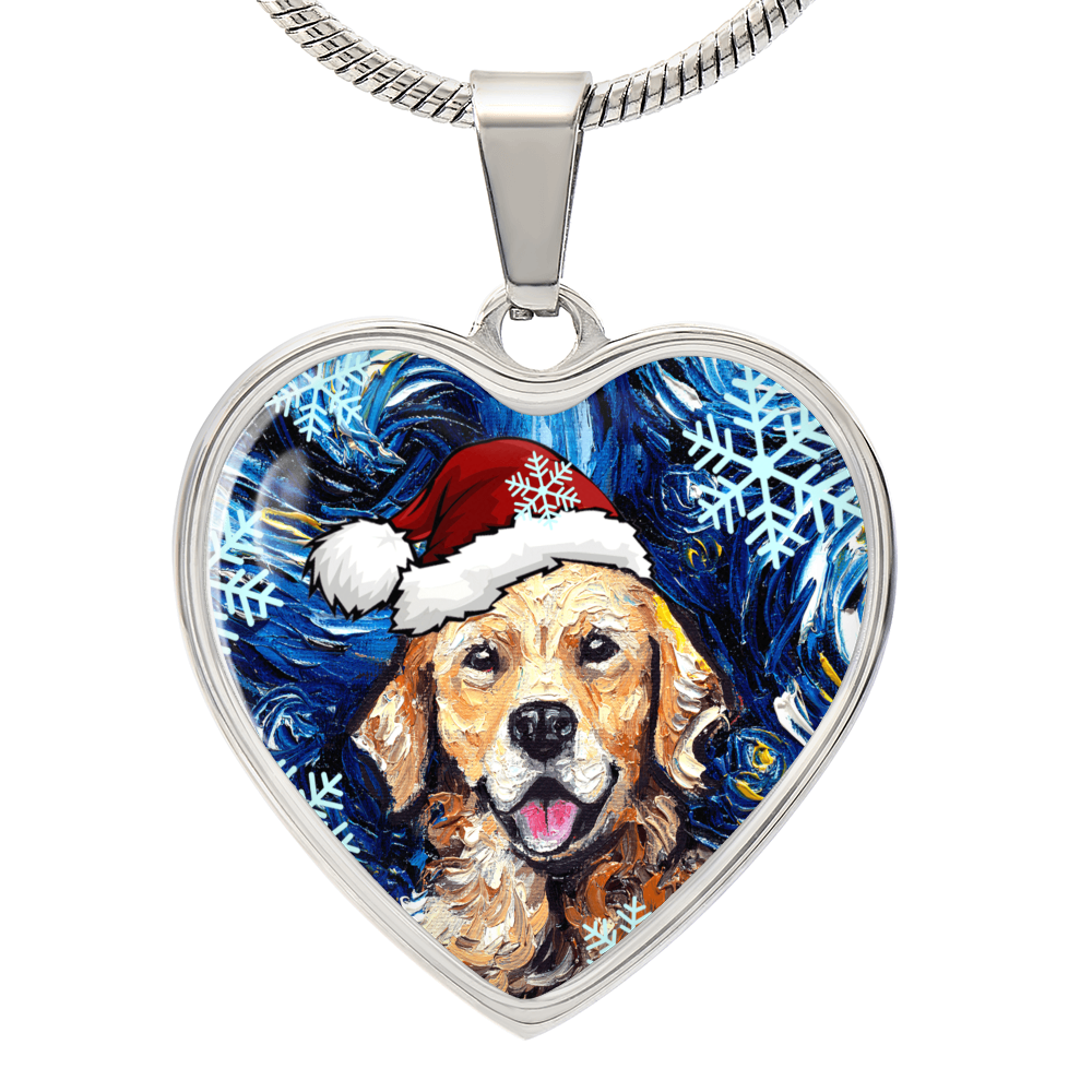 Golden Retriever in Santa Hat Starry Night Heart Necklace