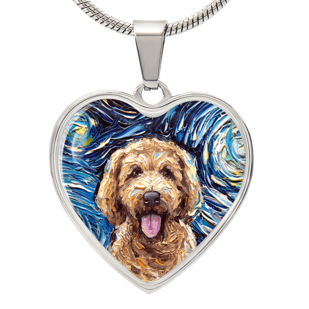 Goldendoodle Portrait Starry Night Heart Necklace