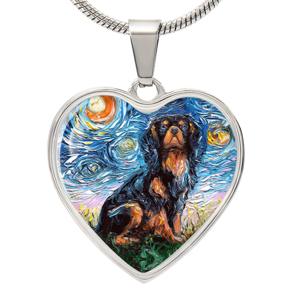 Black and Tan Cavalier King Charles Spaniel Starry Night Heart Necklace