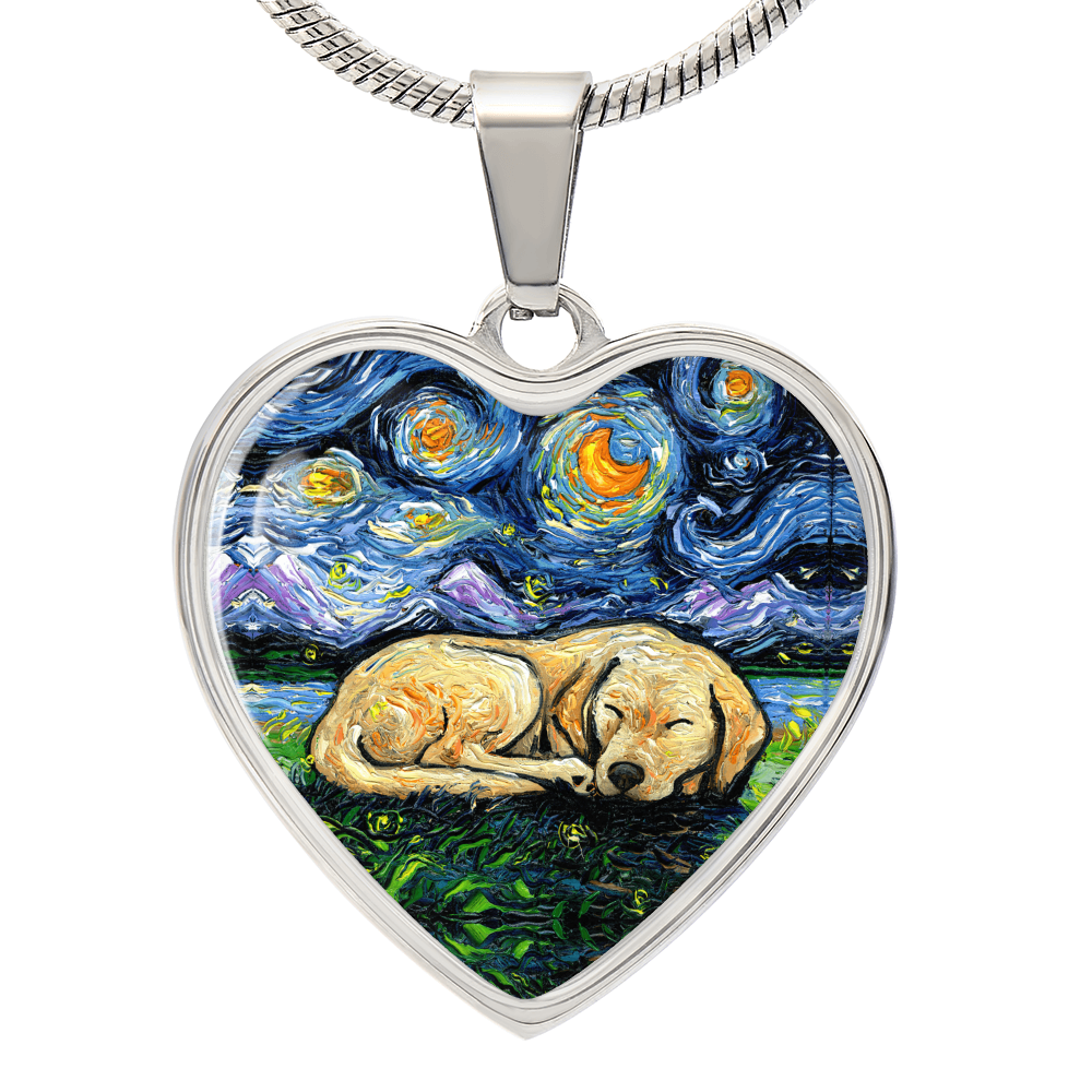 Sleeping Yellow Labrador Starry Night Heart Necklace