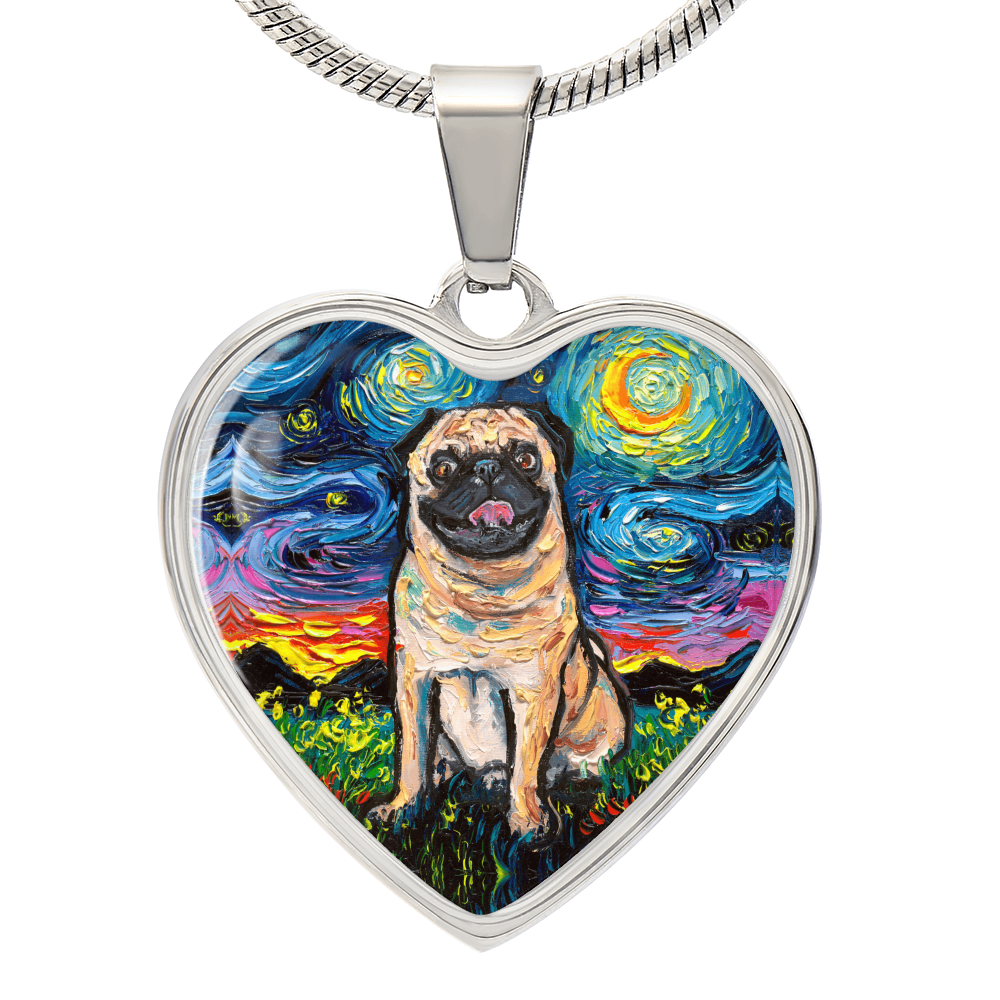 Fawn Pug Starry Night Heart Necklace