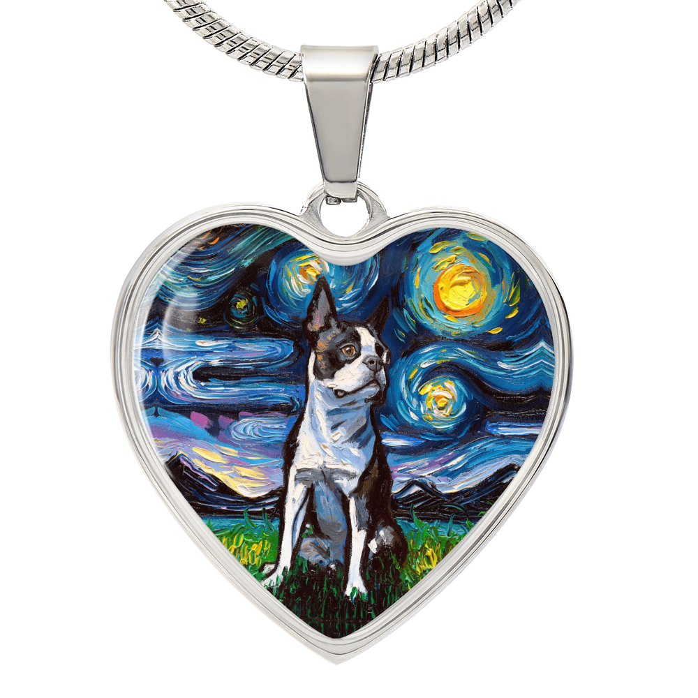 Boston Terrier Starry Night Heart Necklace