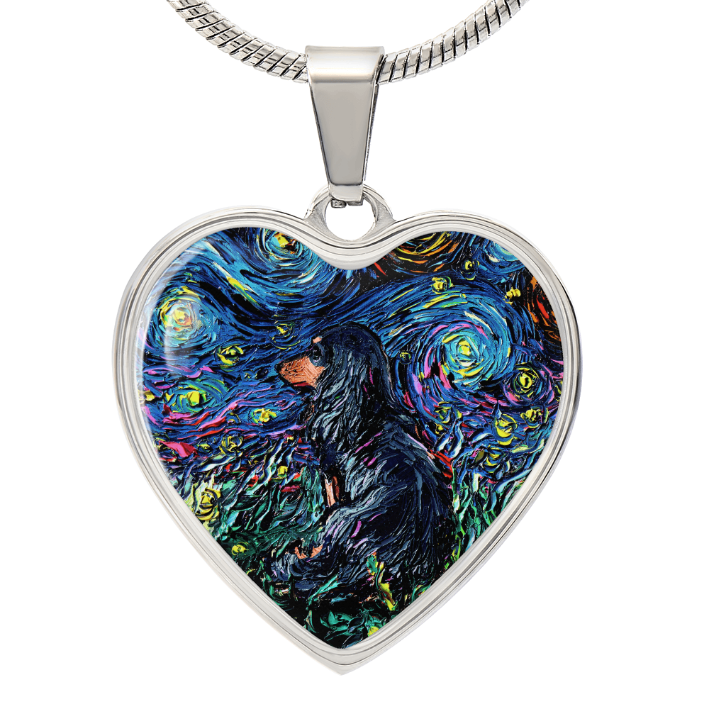 Black and Tan Long Hair Dachshund Starry Night Heart Necklace