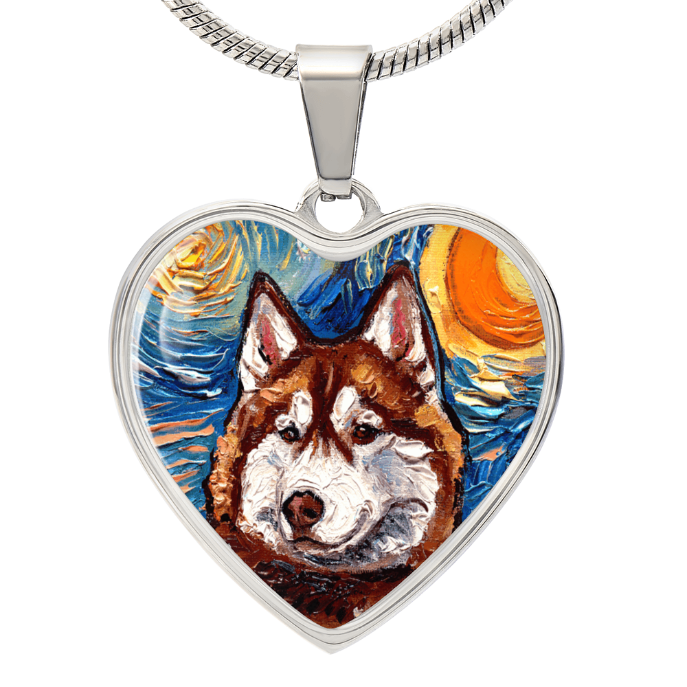 Red and White Husky Portrait Starry Night Heart Necklace