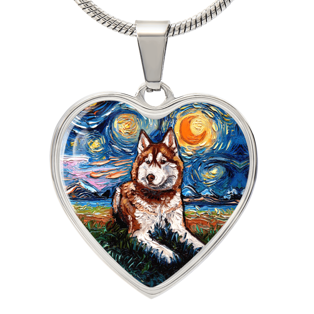 Red and White Husky Starry Night Heart Necklace