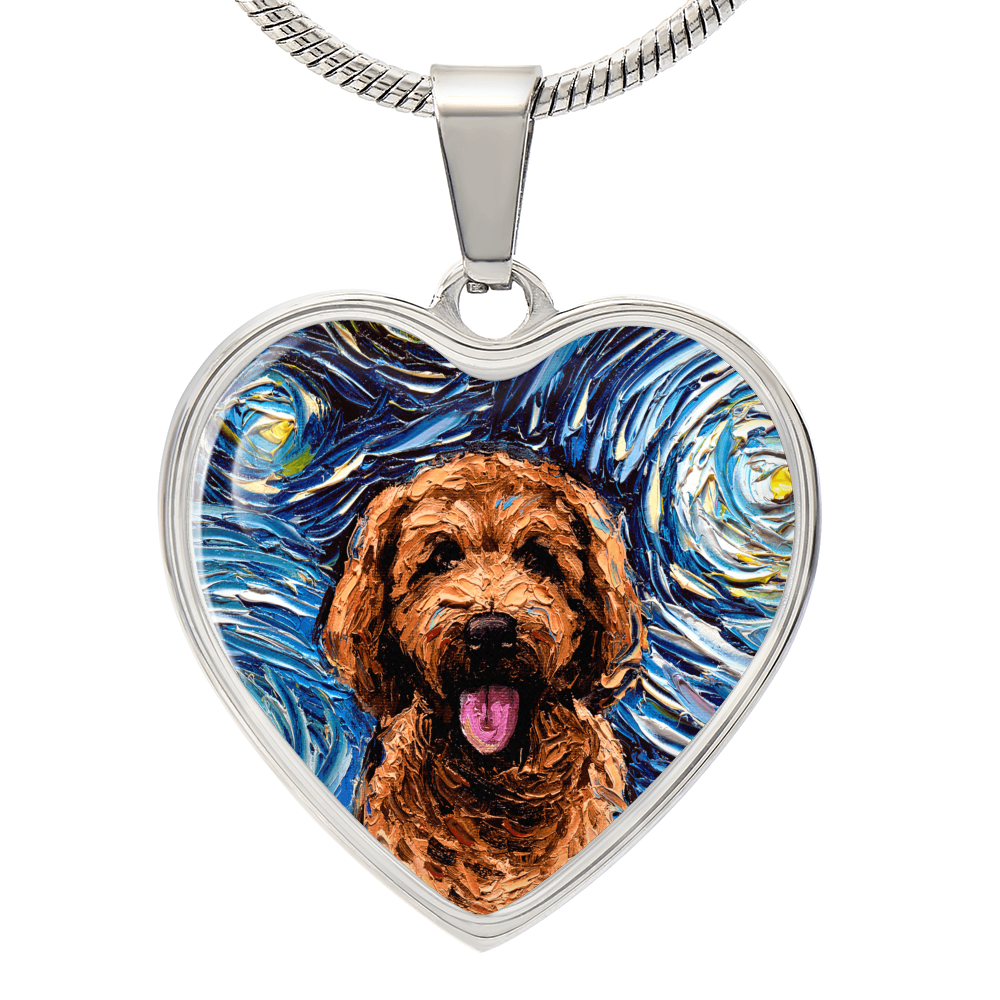 Apricot Goldendoodle Portrait Starry Night Heart Necklace