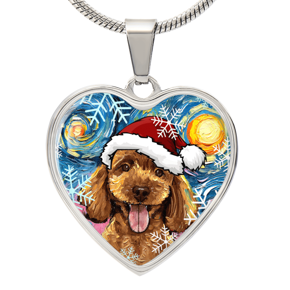 Apricot Poodle Puppy in Santa Hat Starry Night Heart Necklace