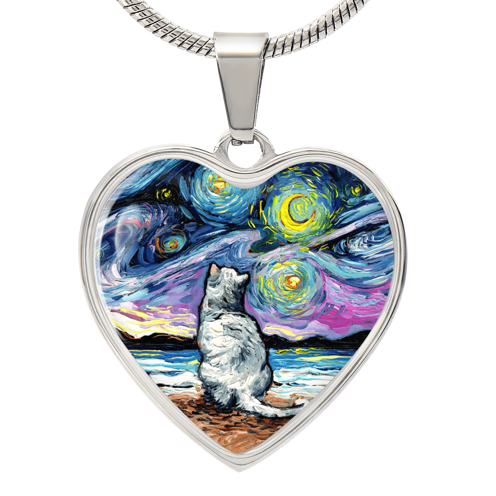 White Cat Beach Starry Night Heart Necklace