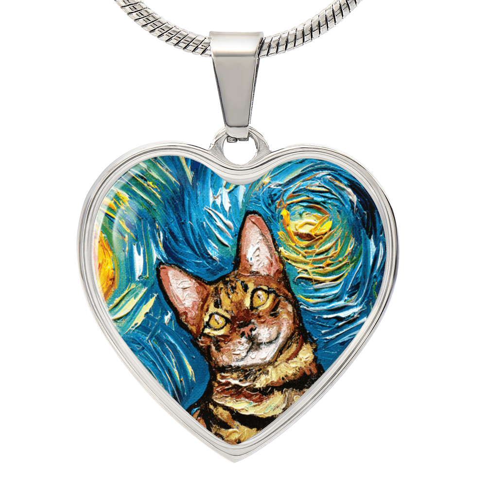 Bengal Cat Starry Night Heart Necklace