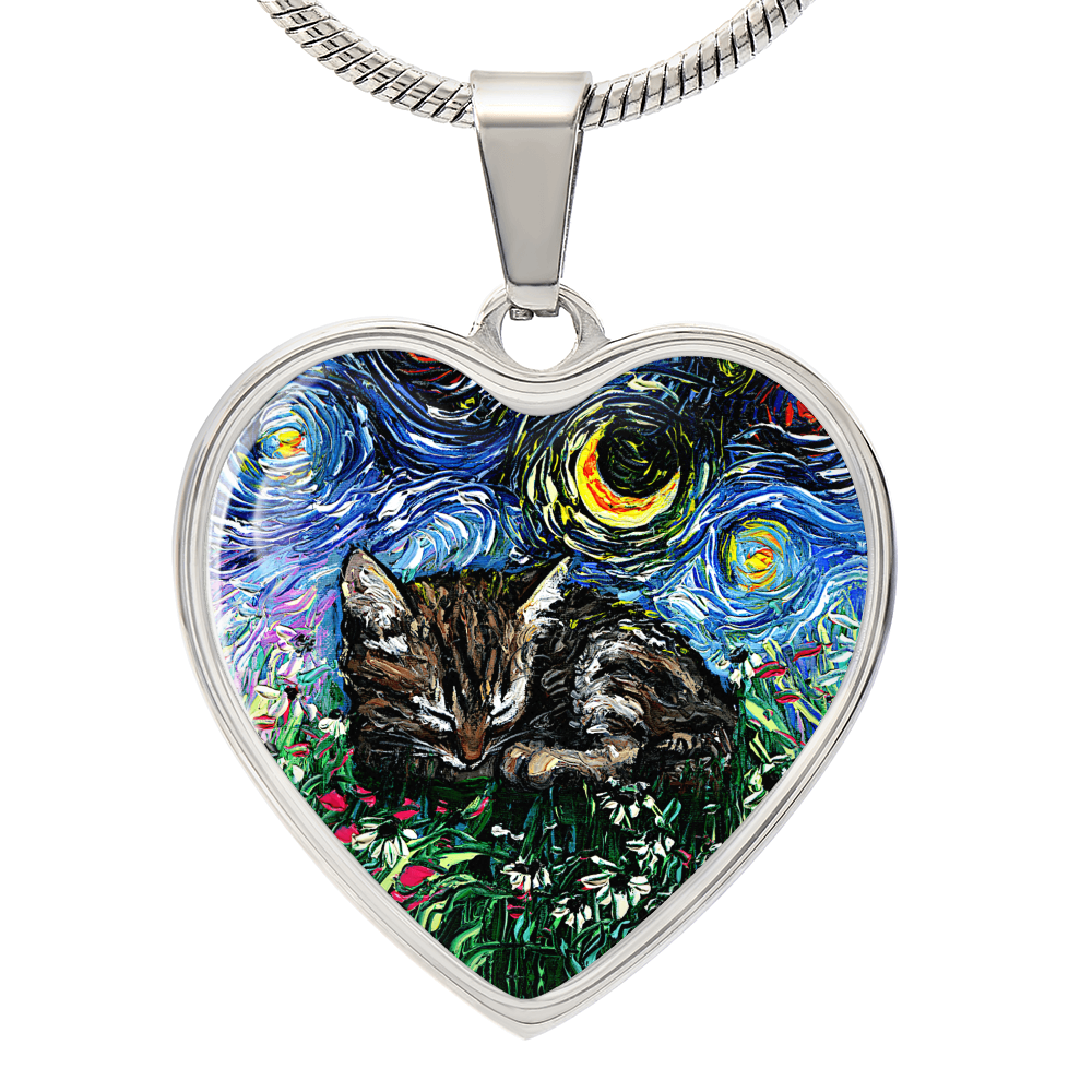 Tabby Kitten Starry Night Heart Necklace