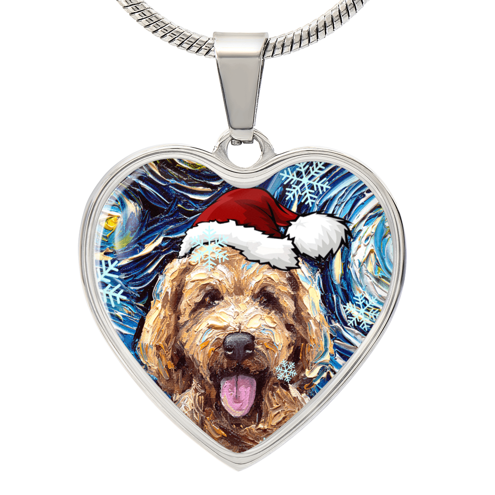 Goldendoodle in Santa Hat Starry Night Heart Necklace