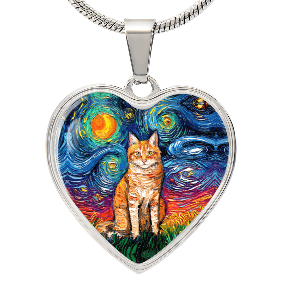 Seated Orange Tabby Cat Starry Night Heart Necklace