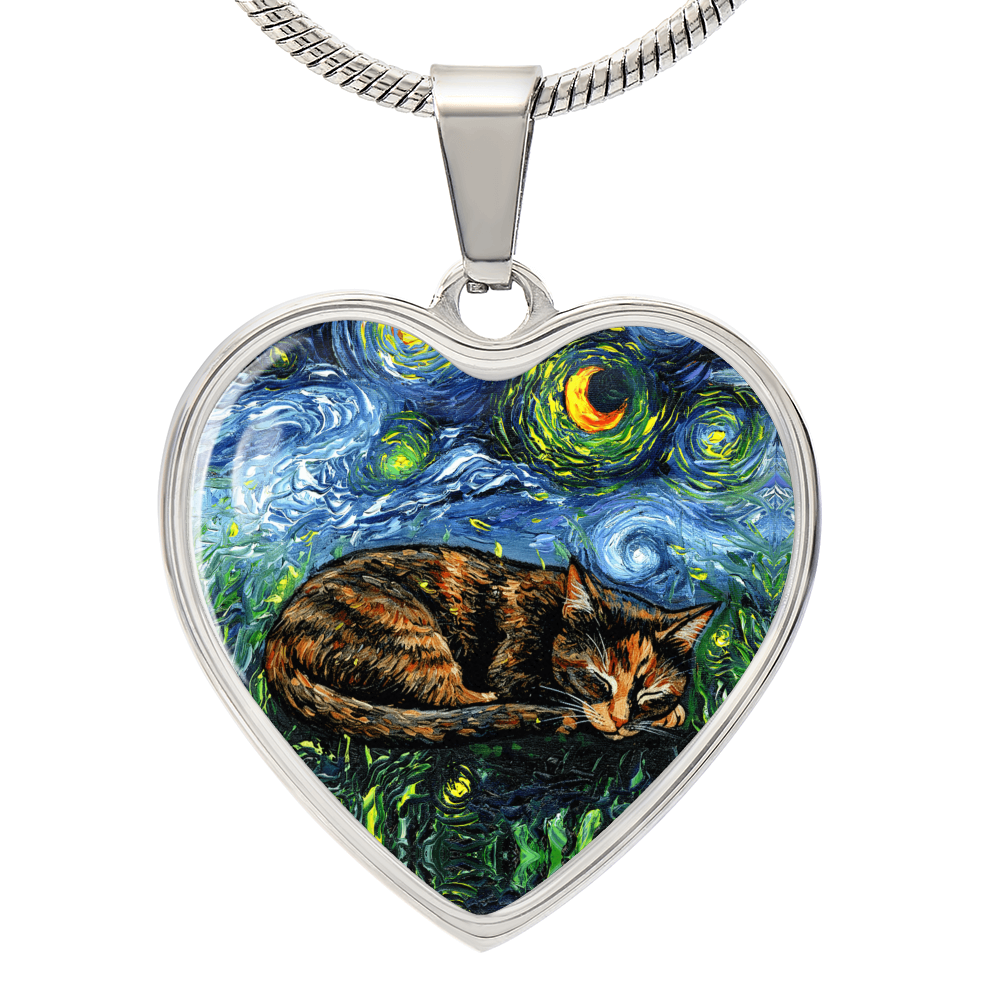 Sleepy Tortie Starry Night Heart Necklace