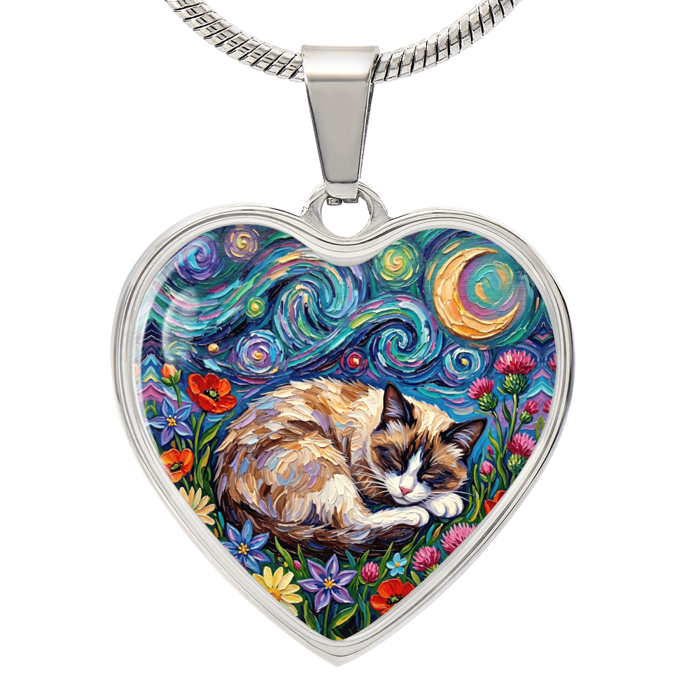 Sleepy Snowshoe Cat Night Heart Necklace