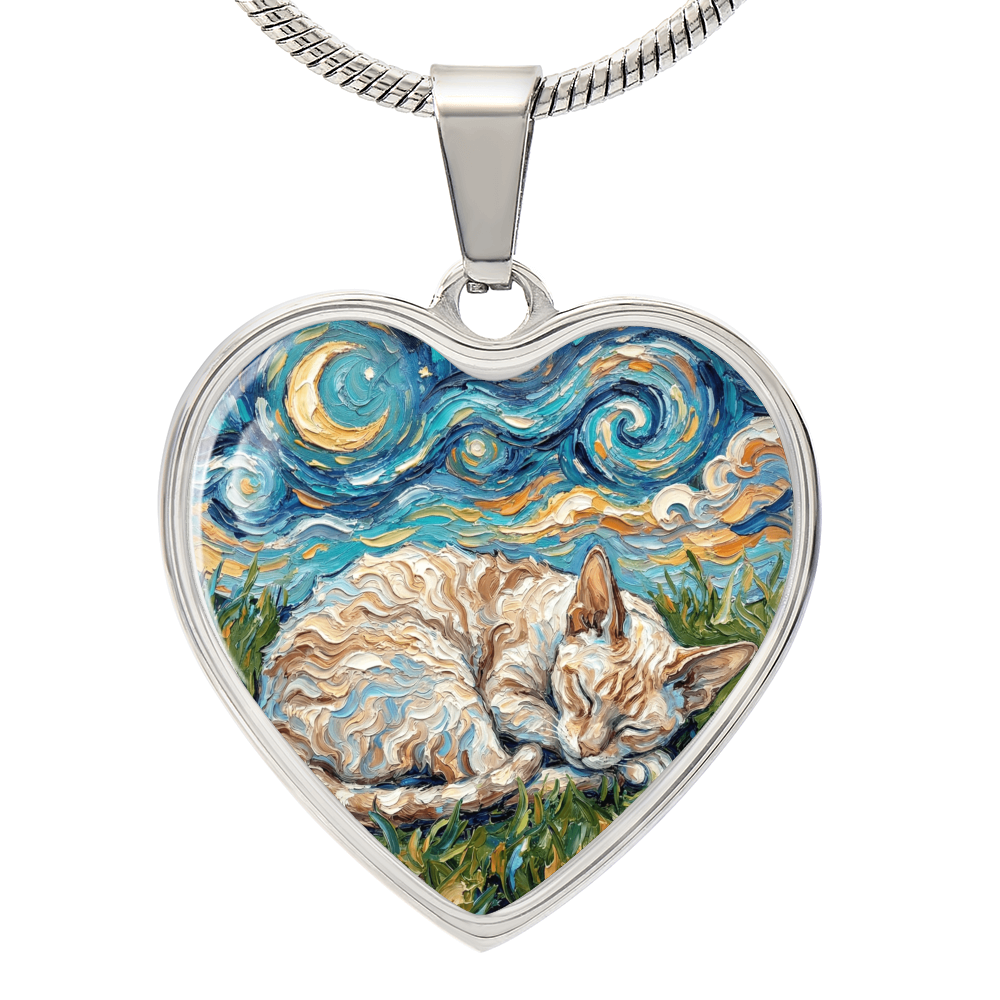 Sleepy Cornish Rex Night Heart Necklace