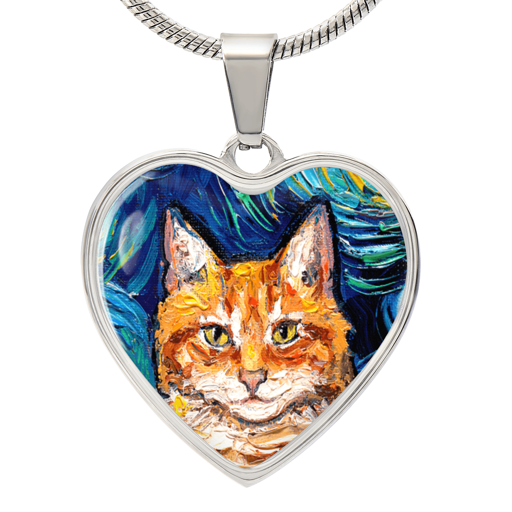 Orange Tabby Cat Portrait Starry Night Heart Necklace