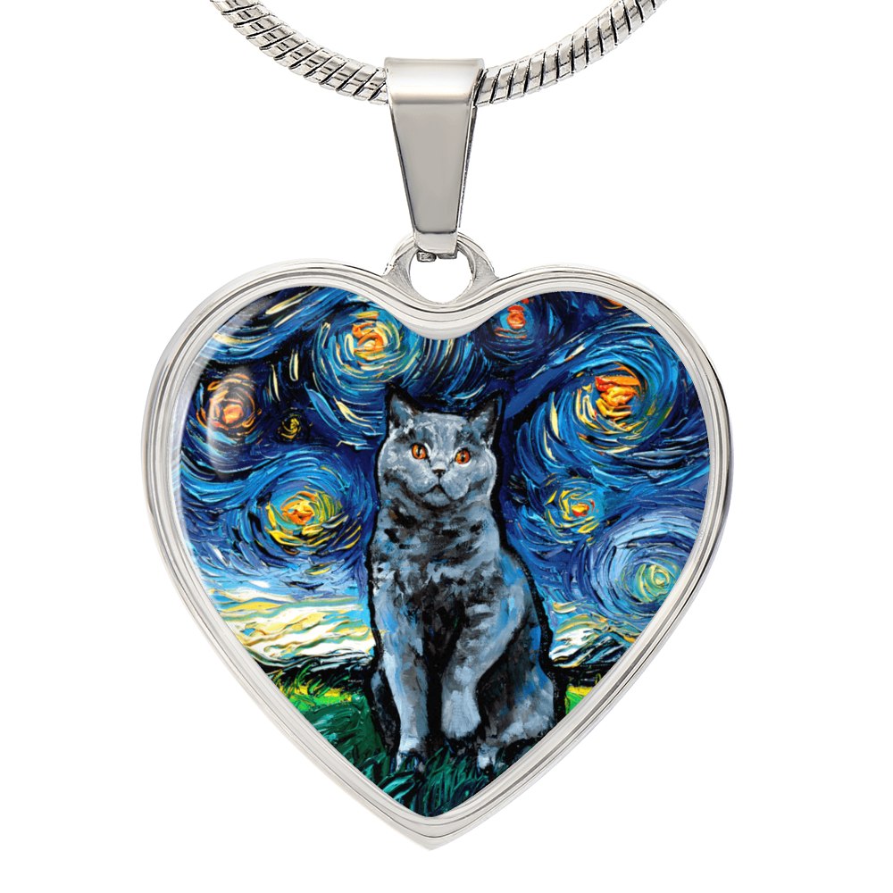 Blue British Shorthair Starry Night Heart Necklace