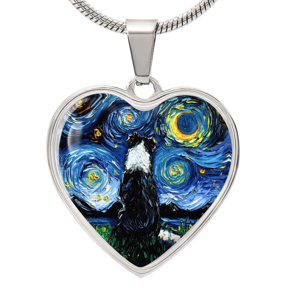 Border Collie Back Starry Night Heart Necklace