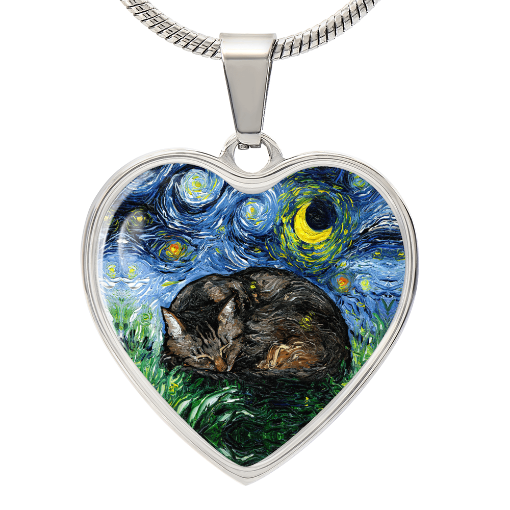 Sleeping Brown Tabby Starry Night Heart Necklace